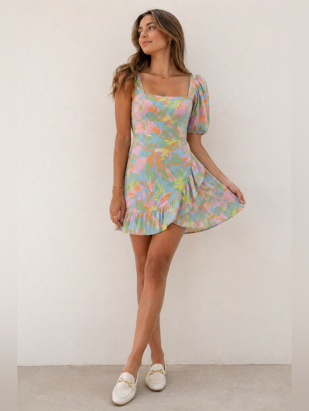 Alden Adair‎ Naomi St Barth One Shoulder Puff Sleeve Mini Dress Preppy Vibrant